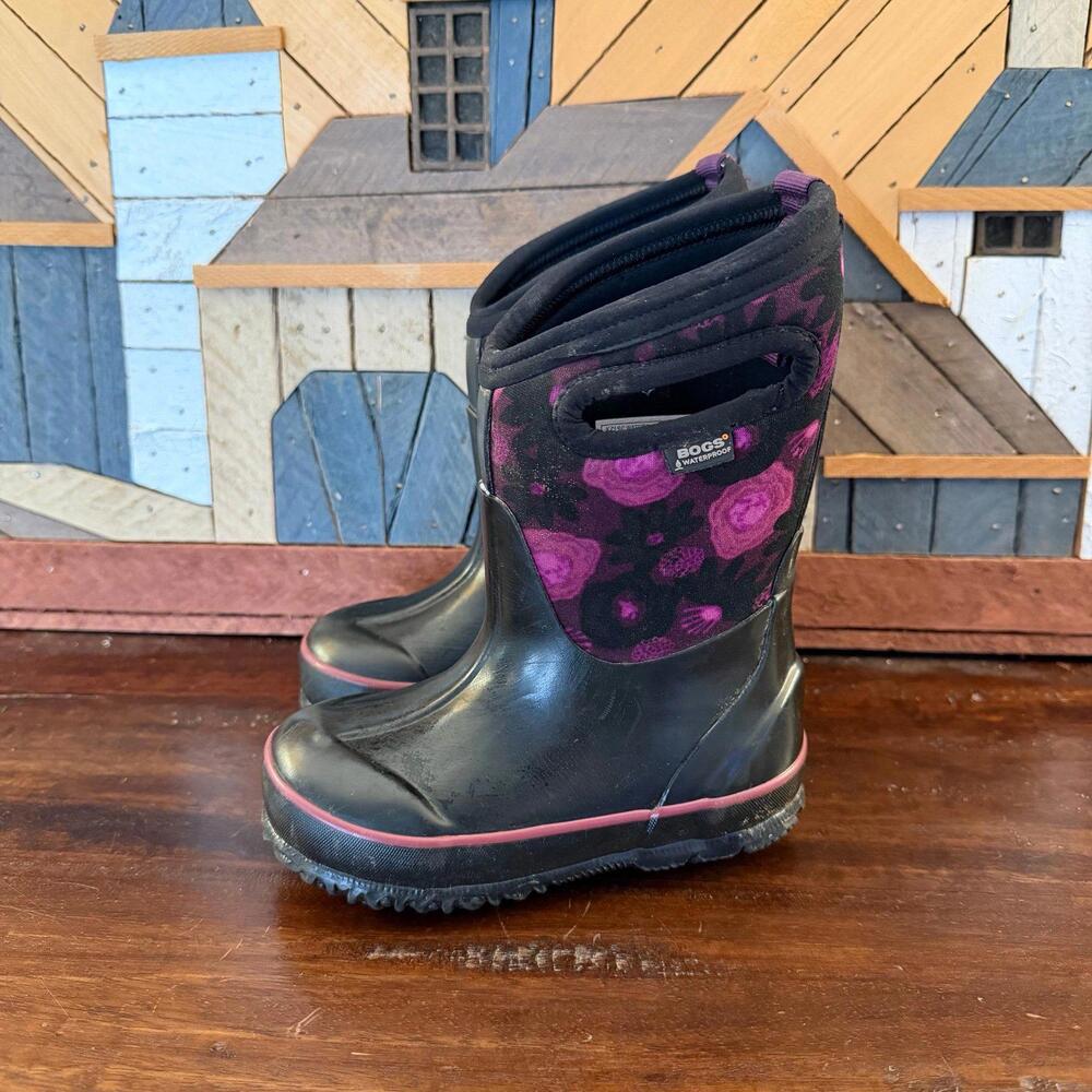 Bogs Kids Black Rain & Snow Boots with Purple Floral Accents